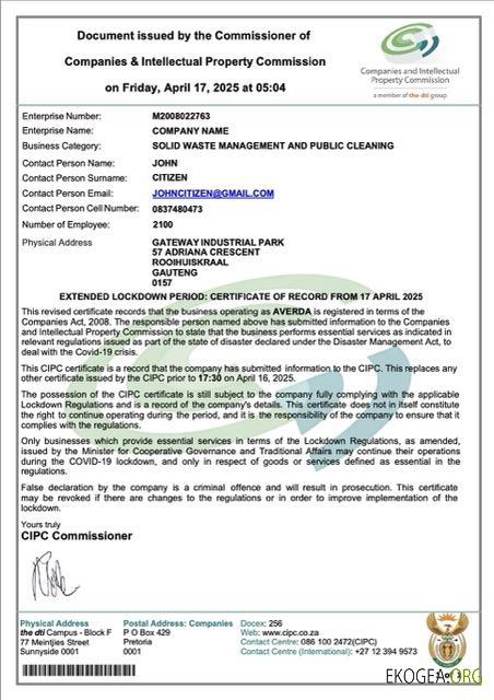 Modèle Word et PDF de certificat d'enregistrement de société en Afrique du Sud, version 3